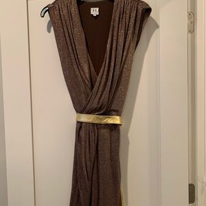 Halston Heritage gold draped wrap dress sleeveless